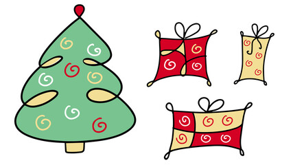 Hand-drawn Christmas tree and gifts. Doodle cartoon illustration with Christmas decorations. New year concept. Abstract poster with holiday symbols. Vector sketch isolated on white background.