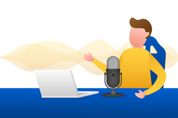 A man is doing live podcasts on his laptop. Live streaming, broadcast flat. Vector stock illustration.