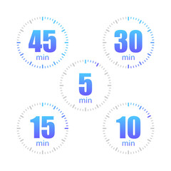 Set of stopwatch icons vector. 45,30,15,10.5 minutes. Timers colored on an isolated white background. Vector EPS10