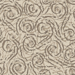Brown smooth lines and spirals with ragged edges vector seamless pattern on beige background.Abstract texture geometric ornament