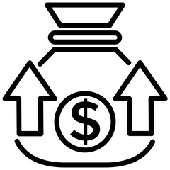 
A dollar coin sack with upward arrows, concept of funds raising line icon
