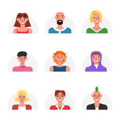 Vector avatar collection for social networks isolated. Illustration included icon as men, women, adult and young pictogram for user profile. Flat linear female and male modern stylish human faces
