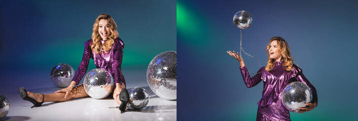 collage of elegant woman in sequin dress posing on floor with disco balls, banner