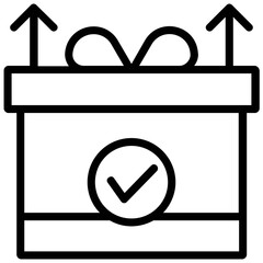 
A gift box with ribbon bow and tick mark, product release line icon
