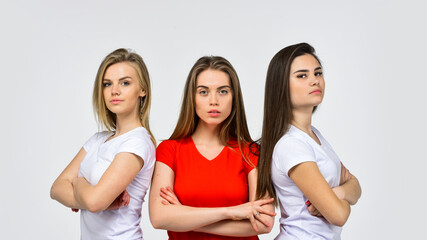 female skin care. hairdresser salon for real girls. help and support. togetherness. portrait of three women with diverse type of skin. womens power concept. smiling multiethnic women. Being together