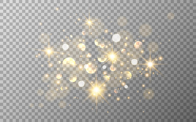 Glow light effect. Gold glitter and bokeh on transparent backdrop. Luxury particles with stardust. Magic Christmas composition. Special shine for poster or advertising. Vector illustration - obrazy, fototapety, plakaty