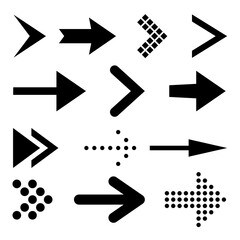 Icon Set of Flat Black Arrows. Isolated Arrow Icon Set Collection for Back and Next User Interface Icons on White. Different Shape Concept for Previous or Forward Minimal Web Buttons