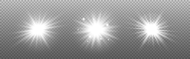 White glowing light set. Silver flash effect on transparent backdrop. Bright explosions isolated. Shining sun or bright flash. Magic bursts with beams. Vector illustration