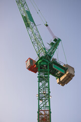 Naklejka premium Vertical telephoto close up of a green and orange crane at sunrise