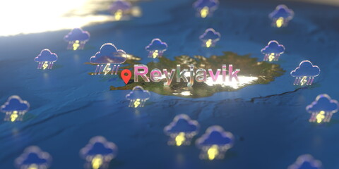 Fototapeta na wymiar Reykjavik city and stormy weather icon on the map, weather forecast related 3D rendering