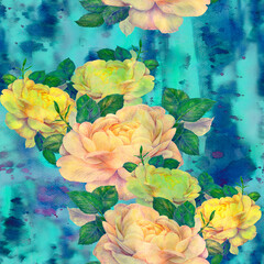 Fototapeta na wymiar Roses. Pencil drawing. Decorative composition on a watercolor background. Floral motives. Seamless patterns. Use printed materials, signs, items, websites, maps, posters, postcards, packaging.
