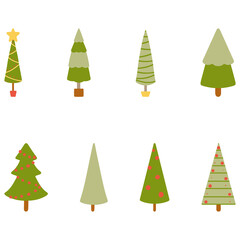 Set of Christmas green trees decorated with balls and a star. Happy Christmas Holidays. Vector hand drawn illustration. The symbol of the New Year. Can be used to decorate, clothes, gift wrapping