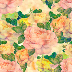 Roses. Pencil drawing. Decorative composition on a watercolor background. Floral motives. Seamless patterns. Use printed materials, signs, items, websites, maps, posters, postcards, packaging.