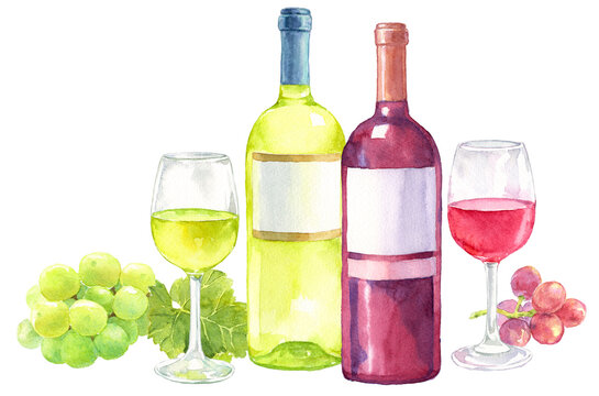 ワイン　ボトルとグラス　ブドウの房　水彩画