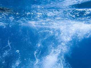 Underwater bubbles, under the Mediterranean sea, very suitable landscape picture for backgrounds, blue background of underwater bubbles