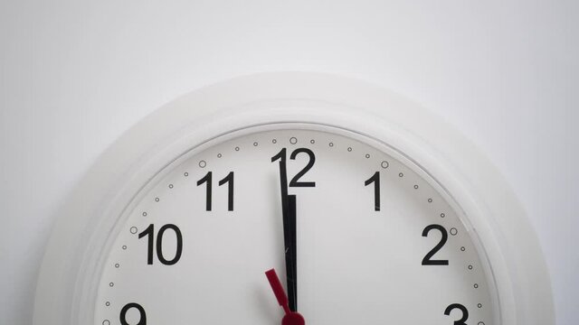 Close up of a ticking clock on white background, pointing midnight, time lapse