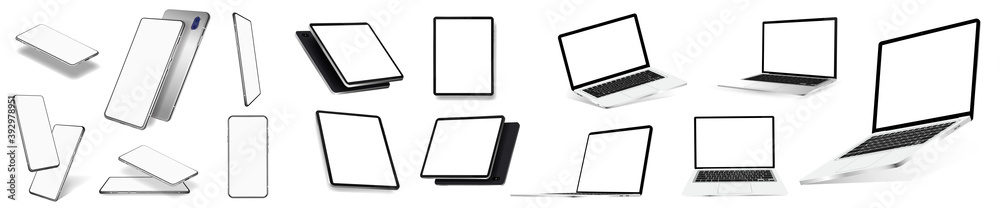 Aufkleber detailed realistic mockups - smartphone, tablet and laptops in different position. frontal, perspect