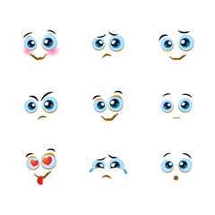 Cartoon eyes with face expressions and emotions. Cute smiles icons for emoticons. Vector emoji elements smiling, happy, sad, angry, mad, stupid, shocked, comic, upset, silly, scared, sneaky, surprised