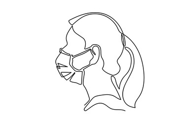 One continuous line drawing  medical face mask. Concept of coron