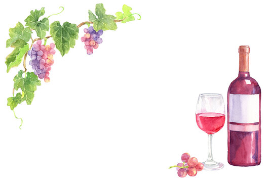ブドウ　赤ワインのグラスと瓶　水彩画　フレーム