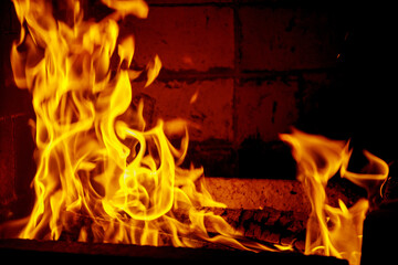 Obraz premium Yellow flames in the fire with wood and log.