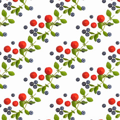 Strawberries, blueberries and mint leaves on a white background. Seamless pattern. The view from the top. Original packaging design