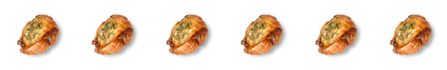 Seamless pattern of grilled chicken sprinkled with spices on a white background. The view from the top. Original packaging design