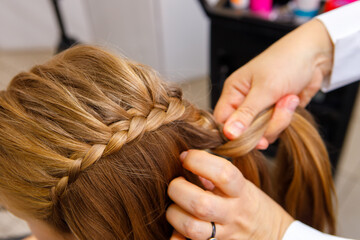 Professional braiding of braids by a master hairdresser in a beauty salon. The concept of hair care.