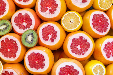 Flat lay and fruit. Grapefruits, lemons and kiwi.