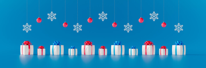 Holiday Gifts with snowflakes and Christmas balls on blue Background 3d render 3d illustration