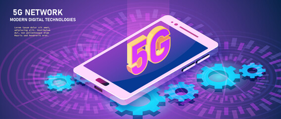 5G new wireless internet wifi connection. Smartphone mobile device isometric blue 3d flat. Global network high speed innovation and connection.
