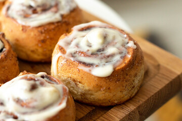 Cinnamon rolls on a wooden table
