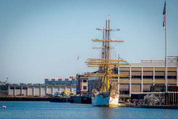 A tall ship on display in the Boston seaport