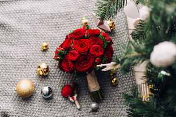 New Year's wedding bouquet with holiday accessories