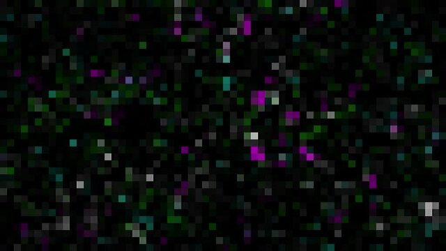 Abstract pixels animation on a black background, fast moving glitch effect