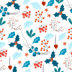 Seamless pattern with winter pattern of twigs and berries