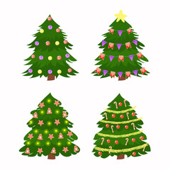 Set of four Christmas trees decorated in different ways