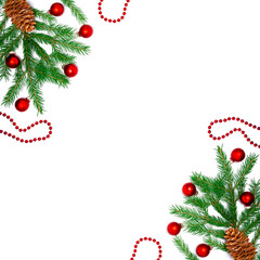 Fototapeta na wymiar Isolated fir tree with baubles and garlands on white background. Christmas, New year, holliday background. Flat lay, top view with copy space