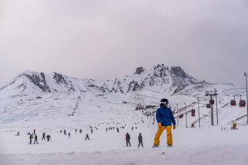 People skiing in Erciyes ski resort. Snowy Mount Erciyes