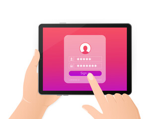 Log in tablet hands, great design for any purposes. Vector illustration flat design. Laptop screen. Phone icon vector. Cartoon button with log in tablet hands.