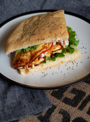 Craft food. Delicious juicy sandwich with chicken, fried egg, tomato and fresh salad.
