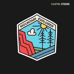Camping adventure sticker design. Travel hand drawn patch. Mountain explorer label isolated. Stock vector