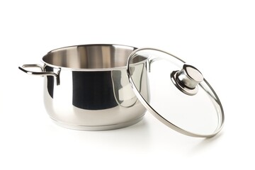 Open, empty stainless steel cooking pot with glass lid over white background, cooking or kitchen...