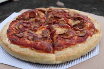 Tasty delicious pepperoni pizza, top view. Ready to eat