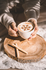Close-up of hands holding cup of cappuccino with cinnamon snowflake detail on rustic plate of pine log slice and cinnamon wafers.