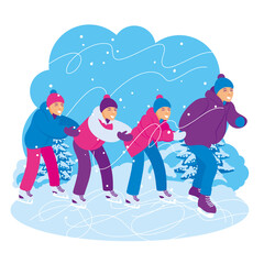 GROUP OF KIDS SKATING IN INDIAN FILE ON WINTER BACKGROUND. VECTOR ILLUSTRATION, CHARACTER DESIGN