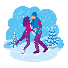 YOUNG PAIR SKATING AND DANCING ON WINTER BACKGROUND