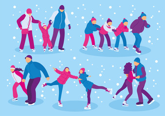 SET OF PEOPLE SKATING TOGETHER. VECTOR ILLUCTRATION, CHARACTER DESIGN