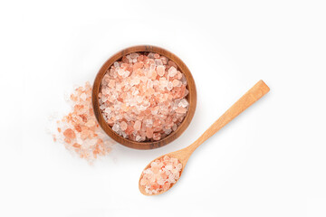 Fototapeta na wymiar Himalaya pink salt in wooden bowl and spoon on white background.