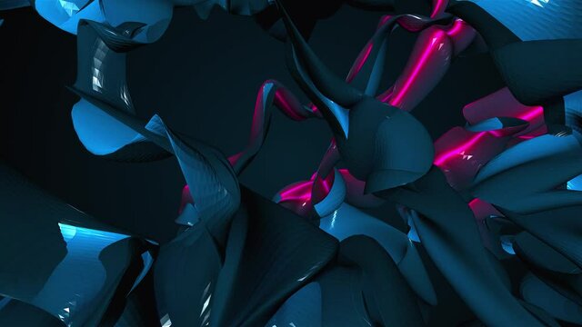 Volume amorphous shapes with color neon strips, computer generated. 3d render of surreal backdrop